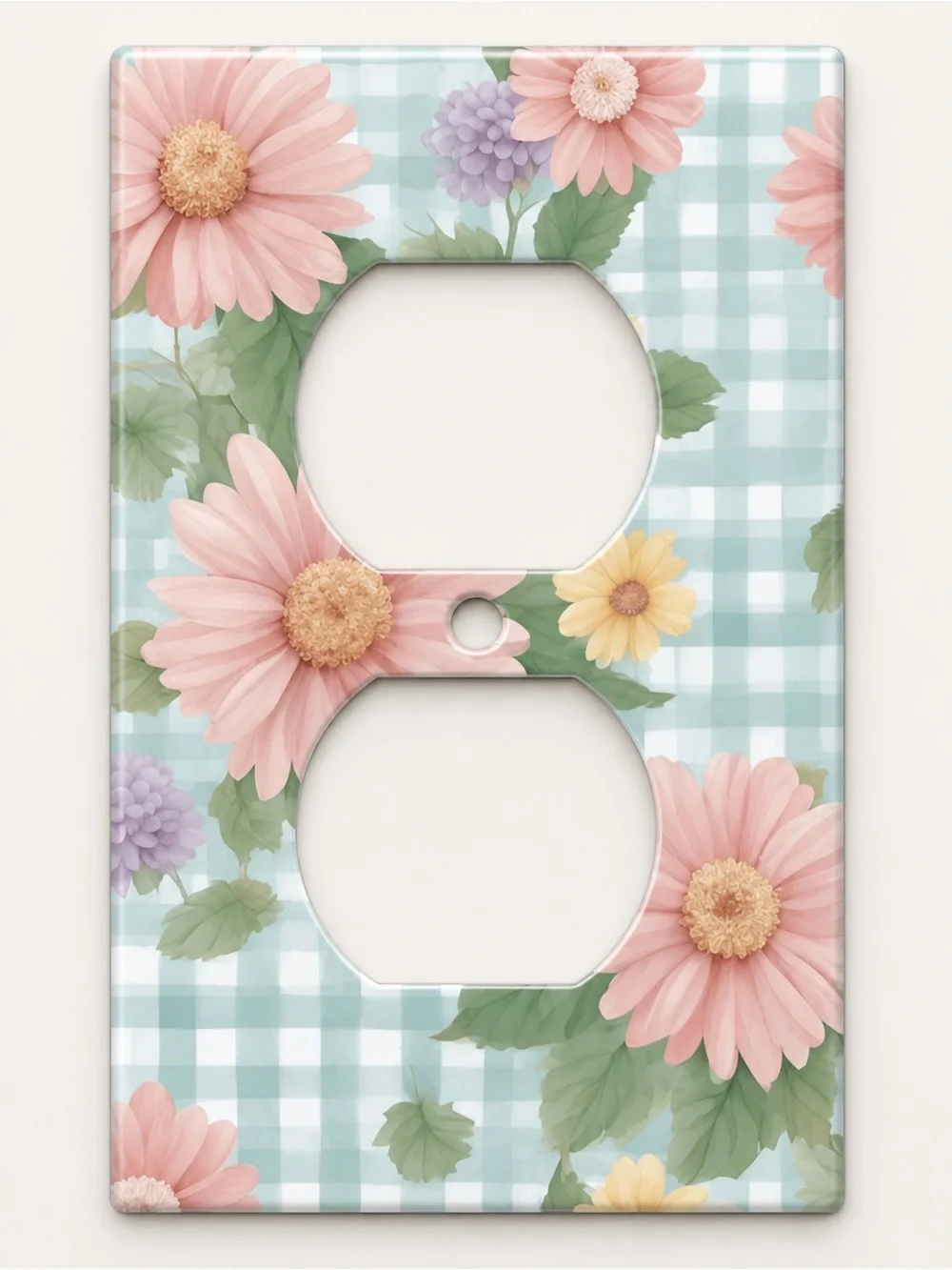 Handmade Pink Daisy Floral Gingham Duplex Outlet Cover Plate